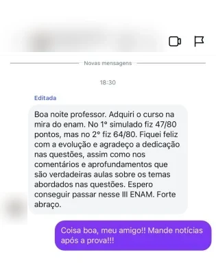 Depoimento: aluno evoluiu de 47 para 64 acertos entre o primeiro e o segundo simulado